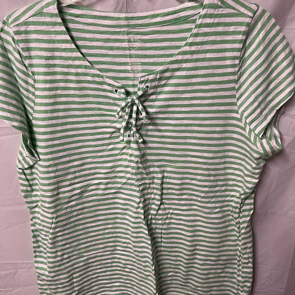 St. John's Bay Green and White Striped Short Sleeve Tee